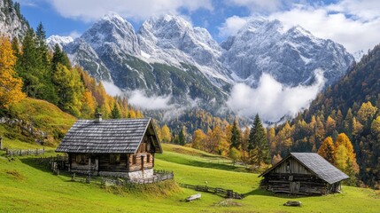 Alpine Autumn Haven: Picturesque Wooden Cabins nestled amidst snow-capped mountains and vibrant fall foliage.
