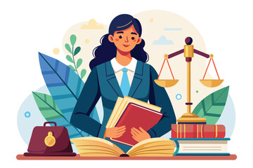 Fototapeta premium A woman in a suit studies court law, surrounded by legal books, a briefcase, and scales of justice, Woman is studying court law book