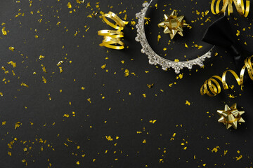 Prom celebration, high school graduation party concept. Top view diadem and sparkle party...