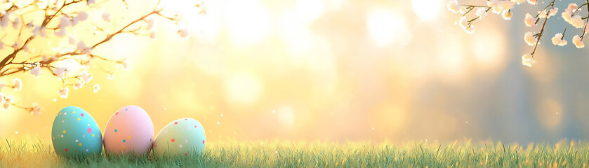 Fototapeta premium colorful easter eggs and rabbit on a green grass meadow with sun rays in t