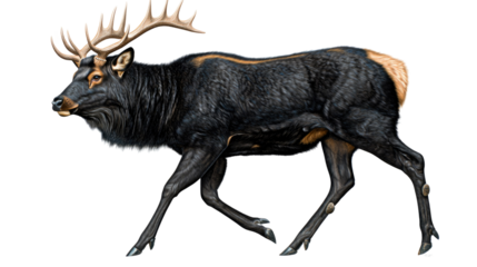 Realistic illustration of a majestic animal with antlers walking through a serene landscape scene