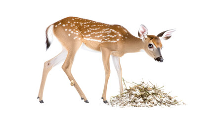 Fototapeta premium Young Fawn Grazing on Tender Grasses in Natural Habitat Surrounded by Nature's Beauty