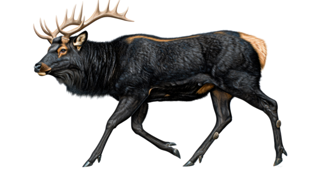 Realistic illustration of a majestic animal with antlers walking through a serene landscape scene