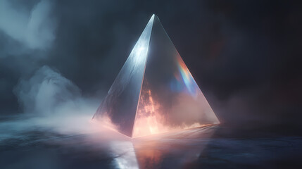 Shot in the studio, a prism in fog appears to float weightlessly, with soft light refraction creating an ethereal glow against a dark, ultra-detailed background. Haunted Refraction. Illustration
