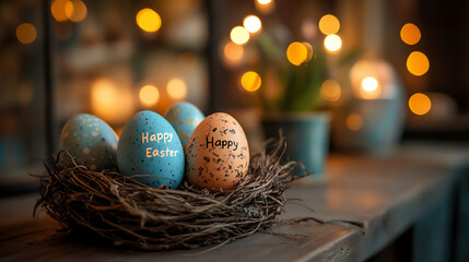 colorful easter eggs in a nest on a wooden table with a blurred background