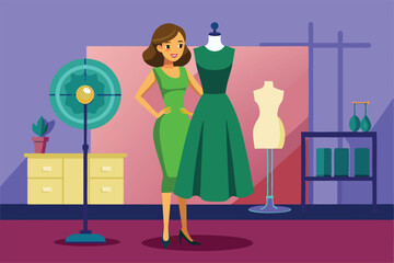 A woman stands proudly beside a mannequin showcasing a chic green dress in a bright design studio, Woman near mannequin with green dress at studio,