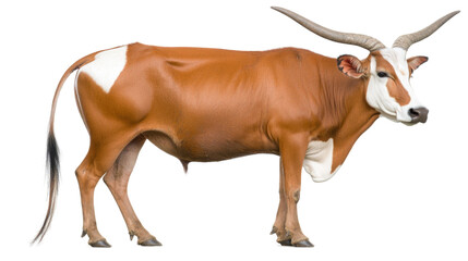 Realistic Brown and White Cow Standing Proudly with Distinctive Curved Horns in Isolated Background