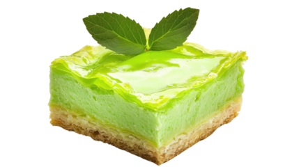 Delicious green jelly dessert with creamy texture and a hint of freshness topped with leaves