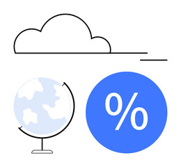 Flat outline of a cloud above a globe and a percentage symbol in blue circle. Ideal for global connectivity, data analysis, cloud storage, international business, technology integration, economic