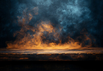 dark background with a wooden table top and smoke in the center,
