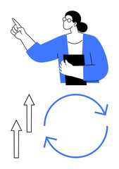 Woman gesturing upward while holding a book, accompanied by arrows and circular cycle graphics. Ideal for concepts of growth, progress, education, learning, goal-setting, innovation, flat simple