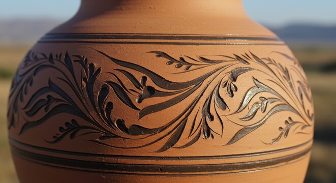 Intricate Carved Designs on a Terracotta Pottery Jar, Handcrafted Elegance and Artistic Detail in Rustic Brown Hues