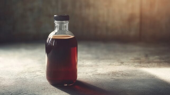Dark elixir in glass bottle: Mystical potion captured in dim light scene
