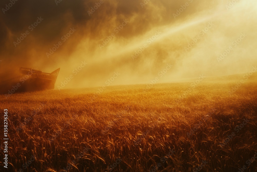 Poster powerful harvester operates in a golden wheat field under cinematic lighting and rising dust during 
