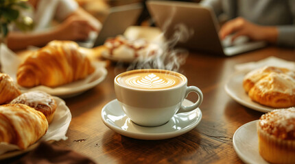 coffee cup on table, breakfast coffee break 
