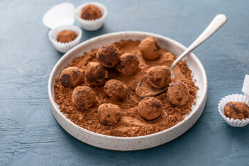 Dark chocolate ganache truffles tossed with cocoa