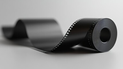 Black film roll, slightly curved, resting on a light gray surface.  A  reel of photographic film,  ready to be processed.  The film is coiled and showing  perforations