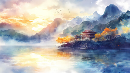 Serene gathering by the golden river - tranquil souls sharing stories in heavenly landscape | watercolor illustration. Eternal Edge. Illustration