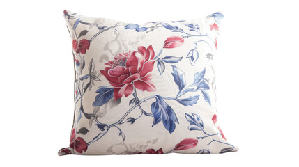 White pillow with red and blue floral pattern on transparent background