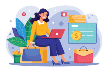 Fototapeta premium A woman sits comfortably on a box, using her laptop for online shopping while surrounded by bags, Woman sitting on a credit card shopping online
