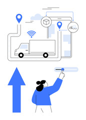 Truck with GPS pins and wireless signals symbolizing tracking, person interacting with digital toggle. Ideal for logistics, delivery, technology, innovation, GPS, supply chain automation. Flat