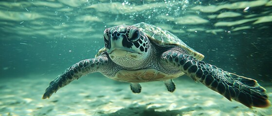 Fototapeta premium Underwater sea turtle gracefully swims, its shell patterned beautifully against a light sandy seabed. Bubbles rise gently around it