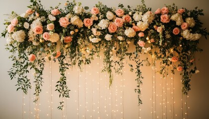 Beautiful floral arrangement with pink roses and white hydrangeas decorated with fairy lights for an event backdrop
