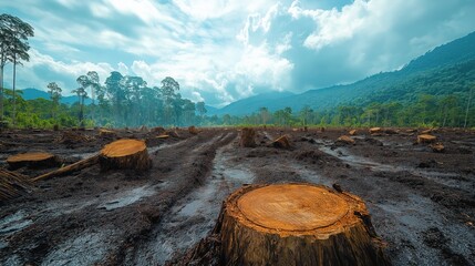 deforested landscape with tree stumps and barren soil, showcasing environmental impact on ecosystems and wildlife