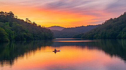 Tranquil Sunset Paddle: Embracing Nature's Calm and Solitude Amidst a Scenic Lake
