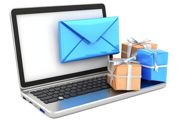Isolated Illustration of Laptop with Envelope and Gifts on Transparent