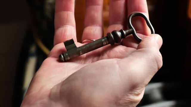 metal key on the palm on a blurred interior background.Atmosphere of mystery and enigma.Answer to the question. Solution to the mystery. Riddle and solution to the question symbol