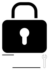 Black padlock with keyhole and small wrench symbol representing security, repair, and maintenance. Ideal for data protection, privacy, access control, system updates, settings, adjustment