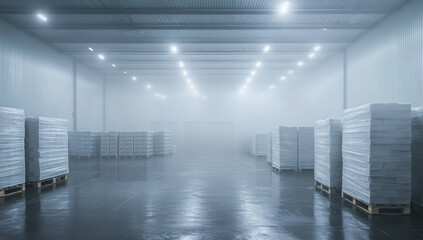 Industrial freezer warehouse aisle, worker, loading, pallets, foggy background
