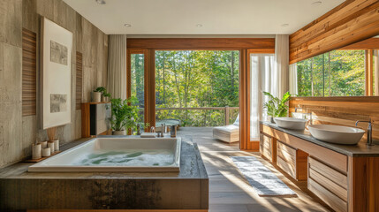 Fototapeta premium A Modern Bathroom Sanctuary with a Large Sunlit Bathtub, Natural Wood Accents, and Lush Greenery, Overlooking a Serene Forest for the Perfect Blend of Comfort and Nature