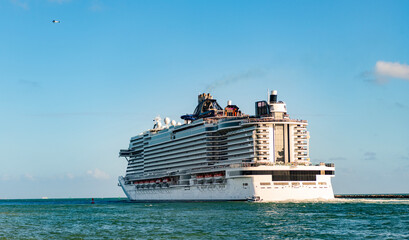 Majestic view of cruise in summer vacation. Cruise ship tour and travel at sea. Trip on luxury...