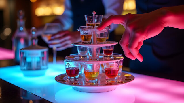 Innovative rotating shot tower presentation with colorful liqueurs in a contemporary bar setting.
