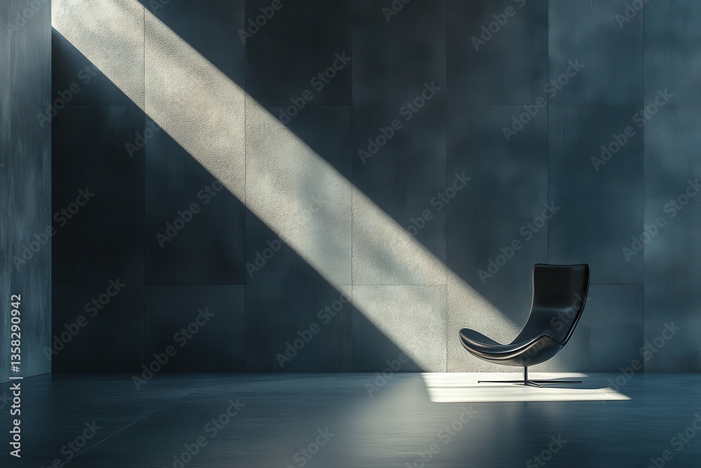 Poster modern black chair in a minimalist room with dramatic light streaming through a window, creating a s