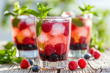 Colorful glasses filled with ice and a mix of berries are set on a rustic wooden table, surrounded by fresh mint. Sunshine bathes the scene, inviting joyful moments.