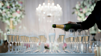 A bartender skillfully fills tall fluted glasses with bubbly champagne during a lavish wedding celebration. The ambiance is enhanced by shimmering chandeliers and floral decorations.