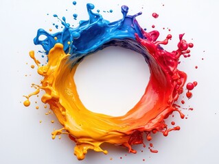 Vibrant CMYK paint splashes form a circular frame