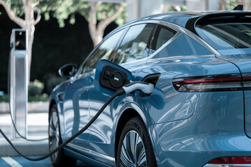 A sleek electric vehicle is plugged into a charging station in a contemporary cityscape, surrounded by lush greenery and bright sunlight, symbolizing sustainable transportation.