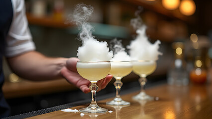 Dramatic nitrogen foam cocktail topping preparation in a high-tech mixology environment with luxury serveware.