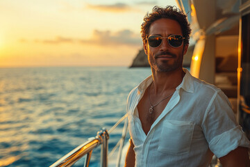 A Stylish Figure on a Yacht Amidst Calm Waters