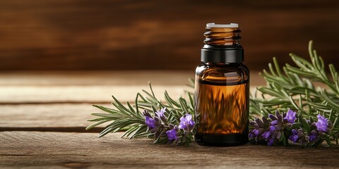 Essential Oil Bottle Placed on Wooden Surface Beside Fresh Lavender and Rosemary Sprigs in Natural Lighting