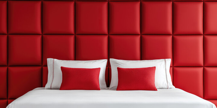 Upholstered decorative wall panel on the wall at the headboard of a double bed in the interior of a bedroom room.
