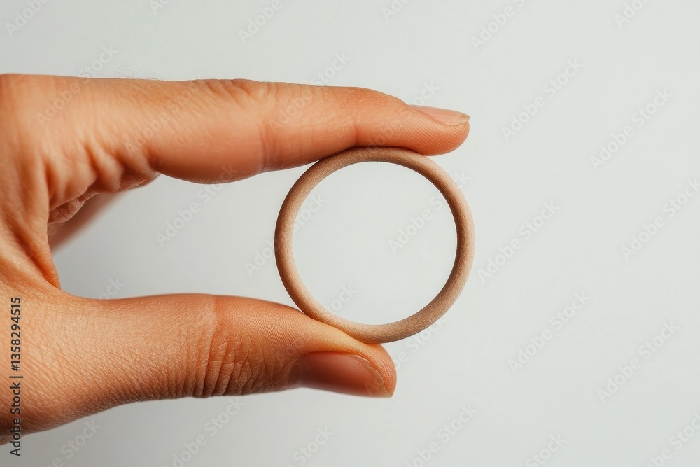 Poster hand holding a translucent ring against a plain background showcasing design and texture details