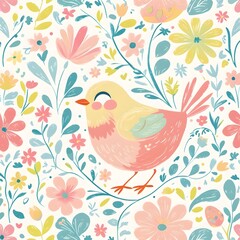Bird flower pattern. Seamless floral vector spring background. Crayon wallpaper garden design. Abstract bird animal . Simple pastel illustration. Vintage cute Easter pattern bg Generative AI
