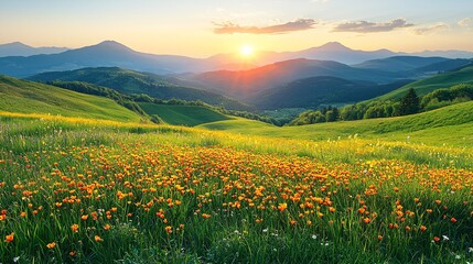 Fototapeta premium Vibrant Sunset Over Rolling Hills with Wildflowers in Bloom and Majestic Mountains in the Background