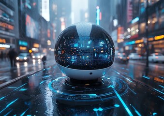 Futuristic globe reflects a city scene in the rainy weather conditions