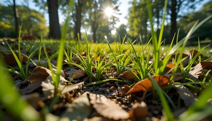 Close-Up Green Grass in Sunlit Park with Autumn Leaves"